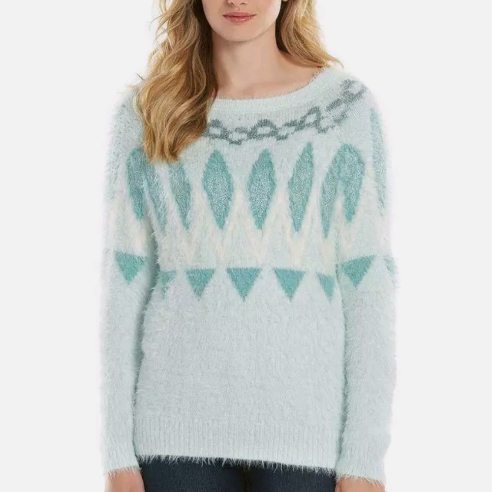LC Lauren Conrad Sweater Eyelash Fuzzy Fairisle Sweater Aqua Mint size Small